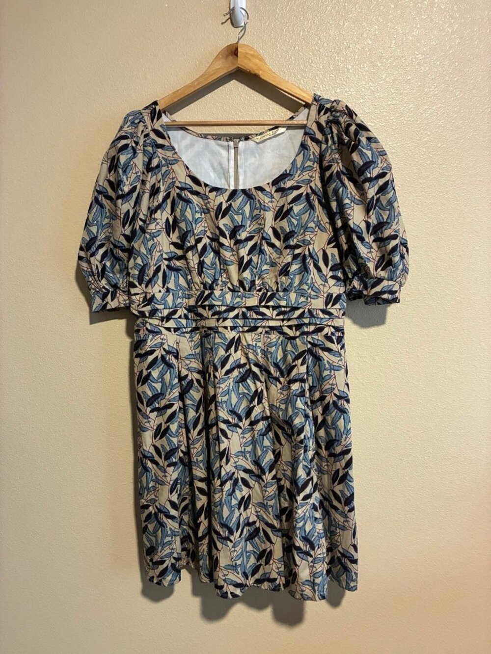 Wayward Fancies eShakti Women's Puff Sleeve Dress Blue Leaf Print 1X